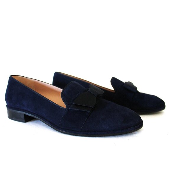 Stuart Weitzman Keegan Bow Suede Loafer / Size 9 / Navy Blue Flat - Picture 2 of 9